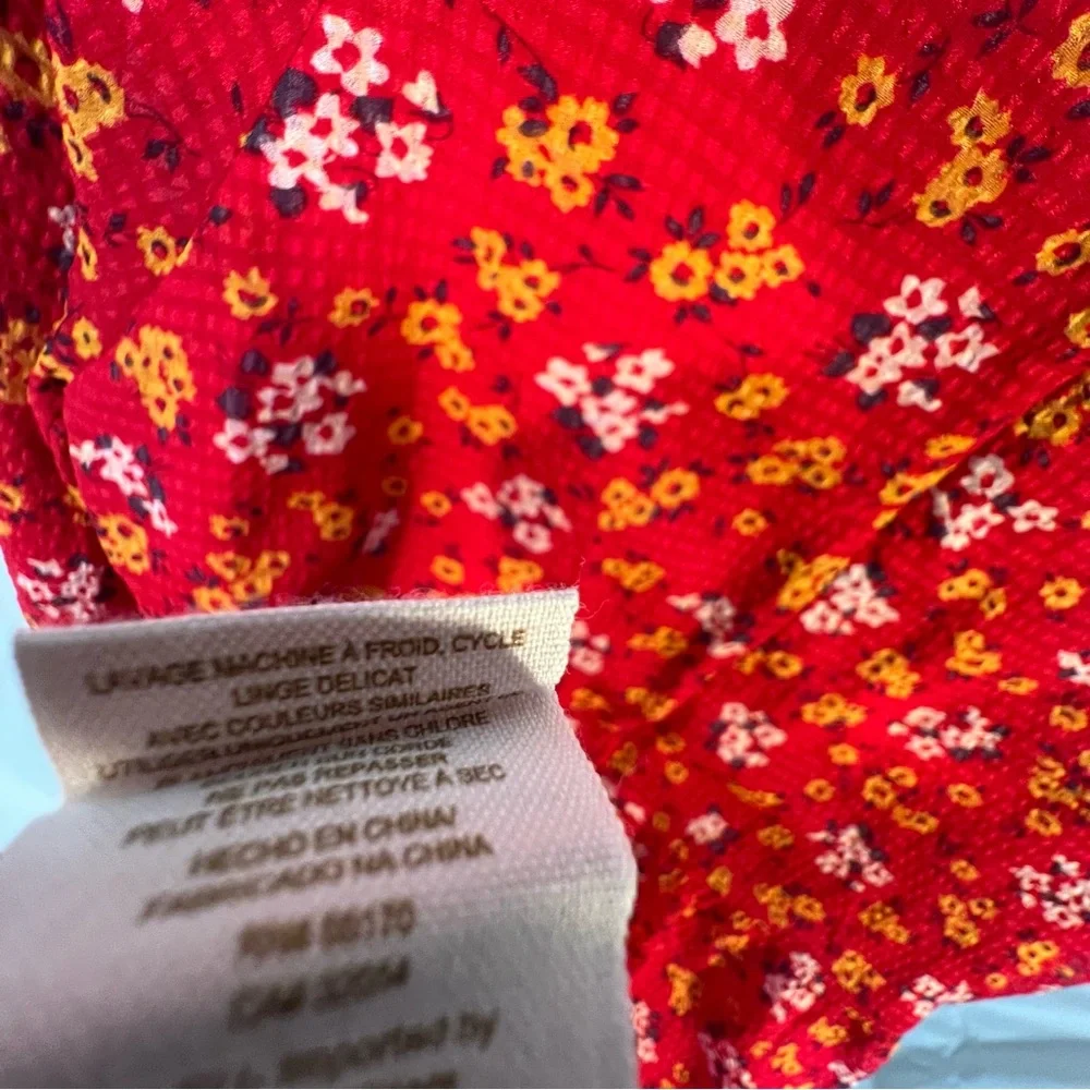 Free People Mini Dress Babydoll Red Floral Seersucker Chiffon Smocked Bodice 4 👍